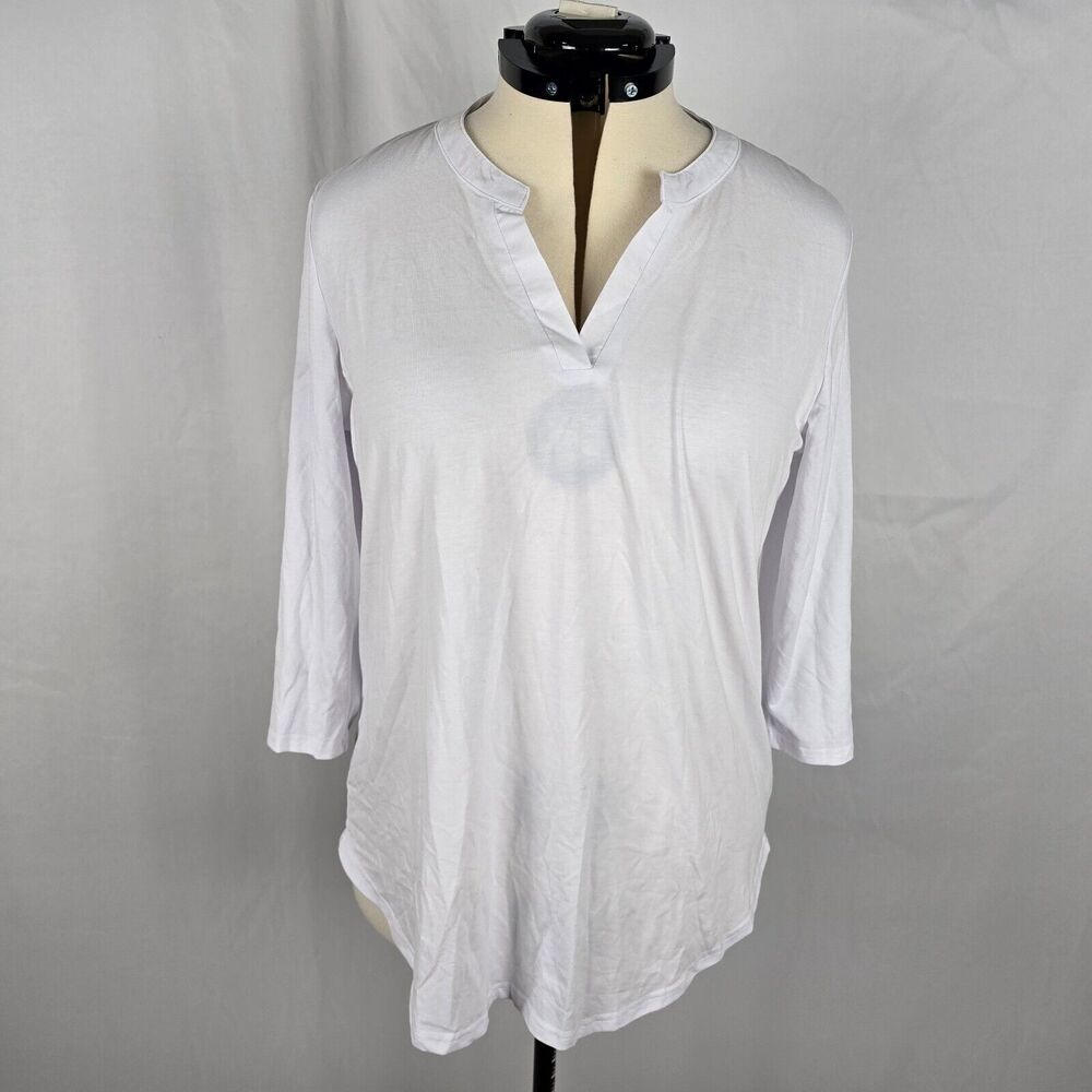Sherosa Blouse Women's Large White Sheer V-Neck 3/4 Sleeve Curved Hem